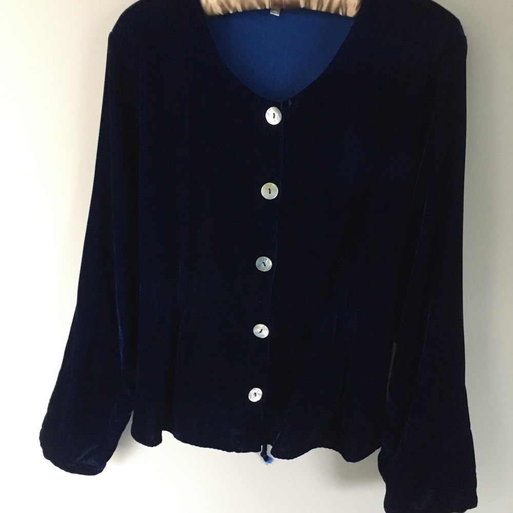 Blue velvet button front top with peplum